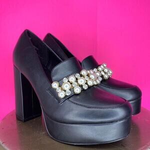 Justfab Adele Throwback Black Faux Leather Pearl Loafer Pump Sz 6.5
